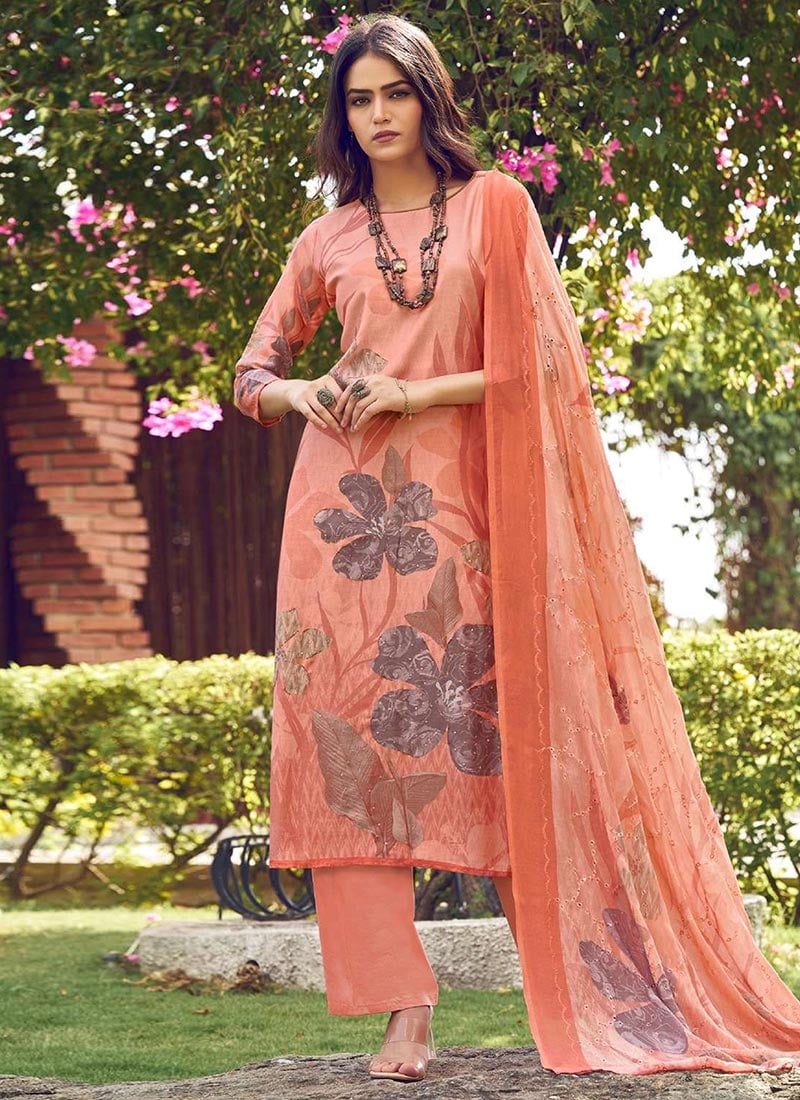 Peach Muslin Floral Digital Print Straight Pant Suit After Six Wear-SLSSL4384