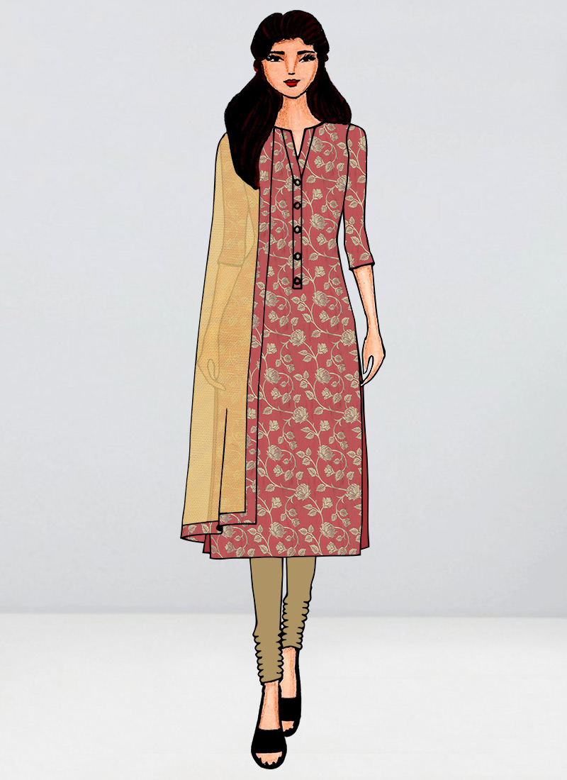 Peach N Beige Embroidered Chudidar Suit 