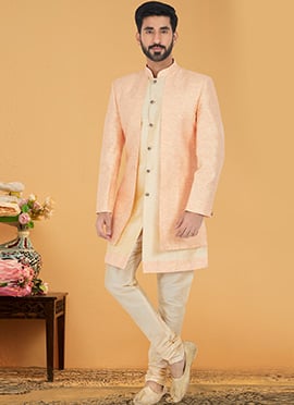 Peach N Gold Banarasi Dupion Silk Indowestern Sherwani
