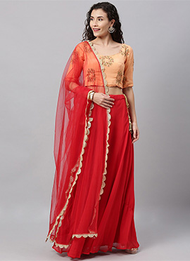 Peach N Red Embroidered Round Neck Lehenga Set