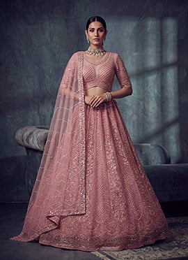 Peach Net Cutdana Embroidered Sequins Stones Lehenga