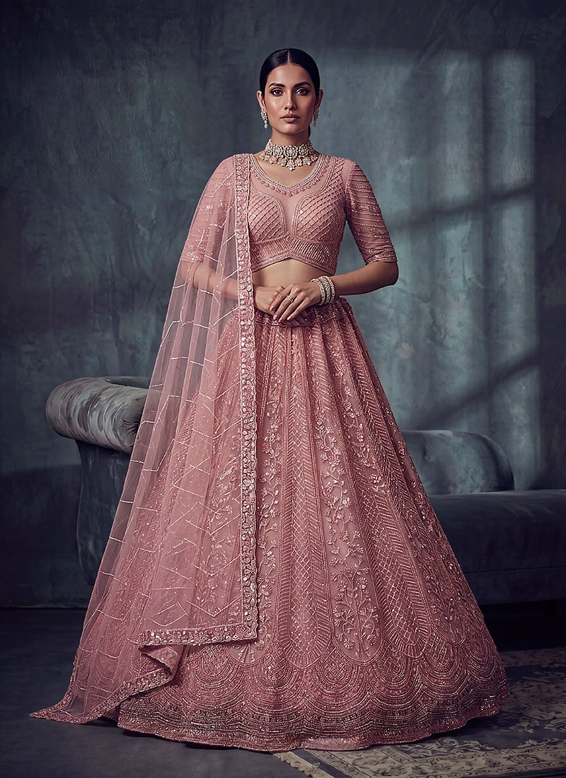 Peach Net Cutdana Embroidered Sequins Stones Lehenga Wedding Wear