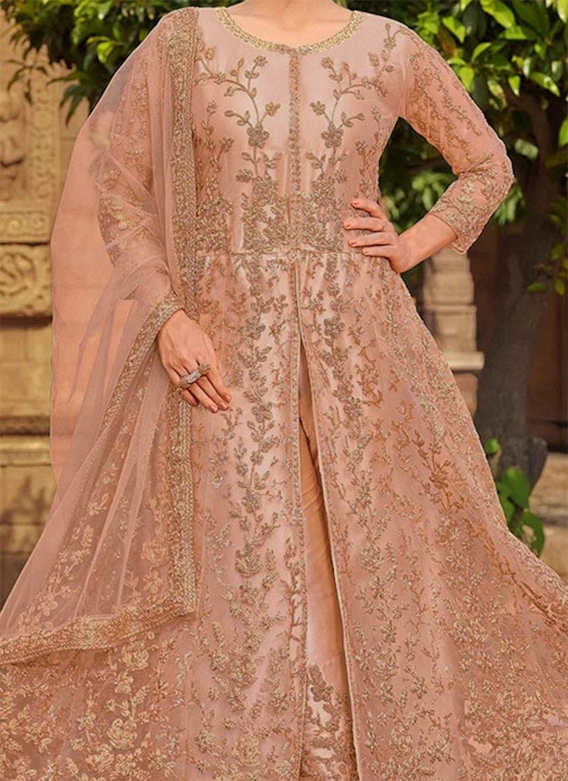 Peach Net Partywear Anarkali Suit