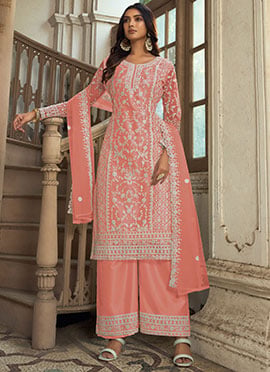 Peach Net Embroidered Palazzo Suit