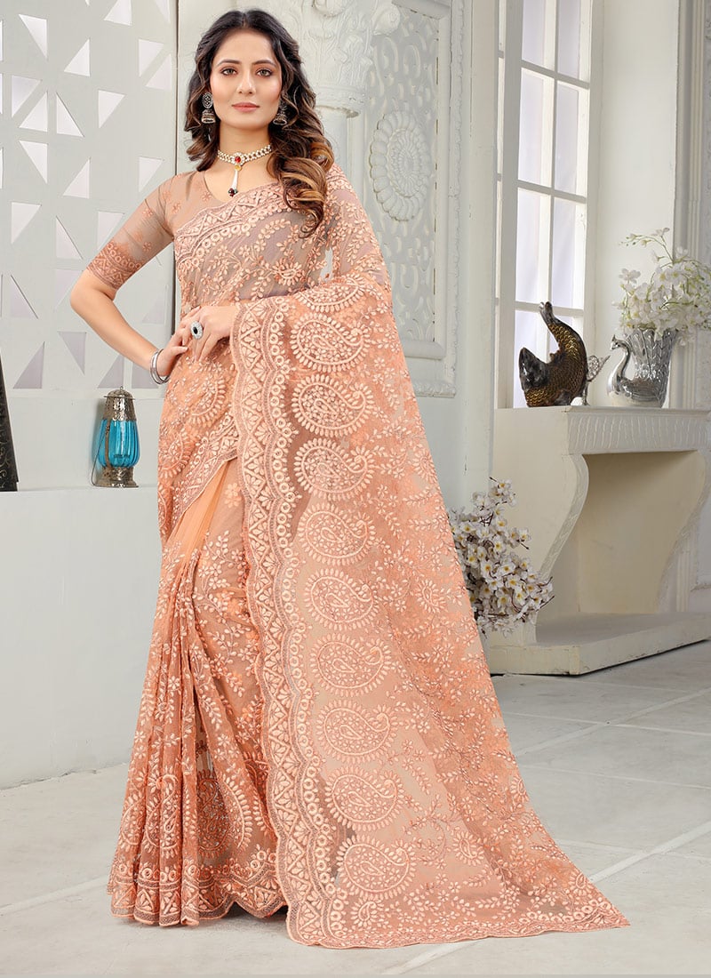 Peach Net Embroidered Saree