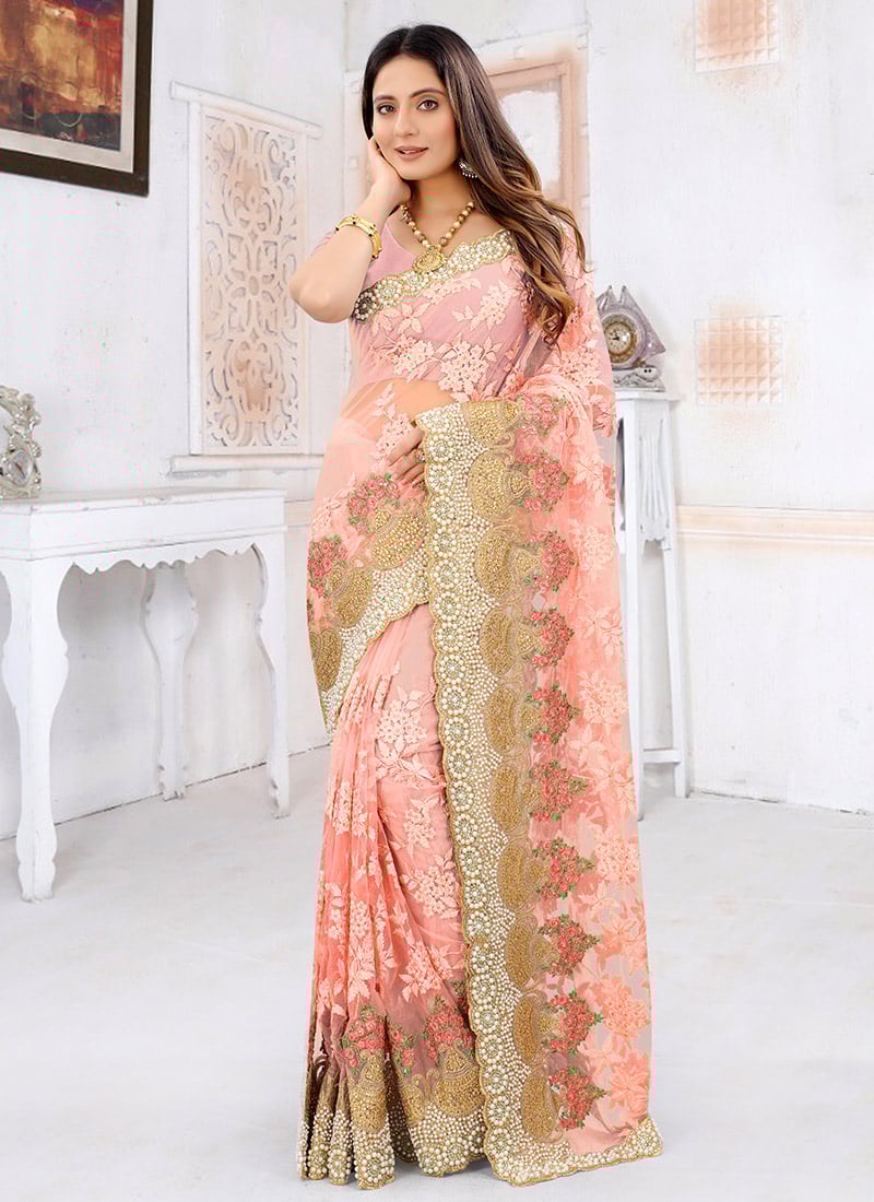 Peach Net Embroidered Saree