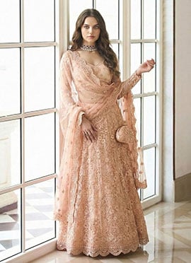 Peach Net Embroidered Sequins A Line Lehenga