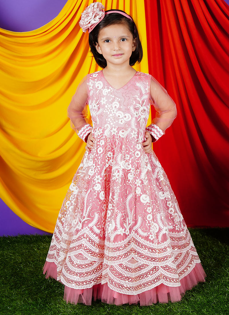 Peach Net Embroidered Sequins Kids Girls Gown For Little Princess Wedding Wear