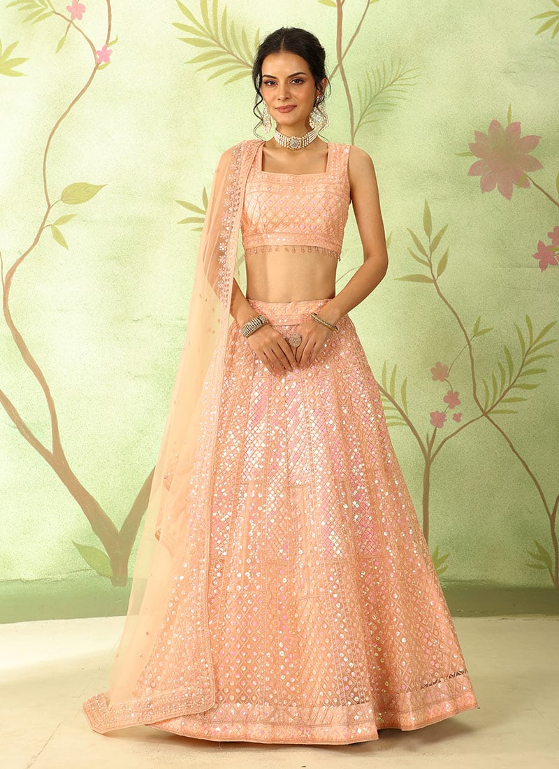 Peach Net Embroidered Sequins Lehenga