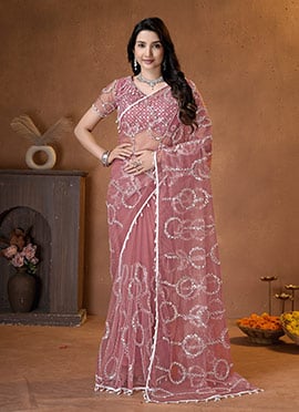 Peach Net Embroidered Sequins Saree