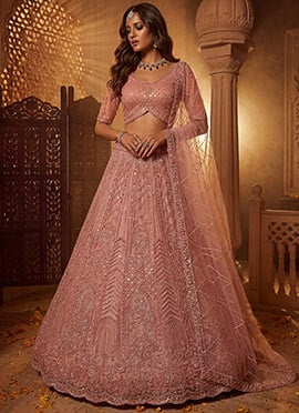 Peach Net Embroidered Sequins With Beads Work Lehenga