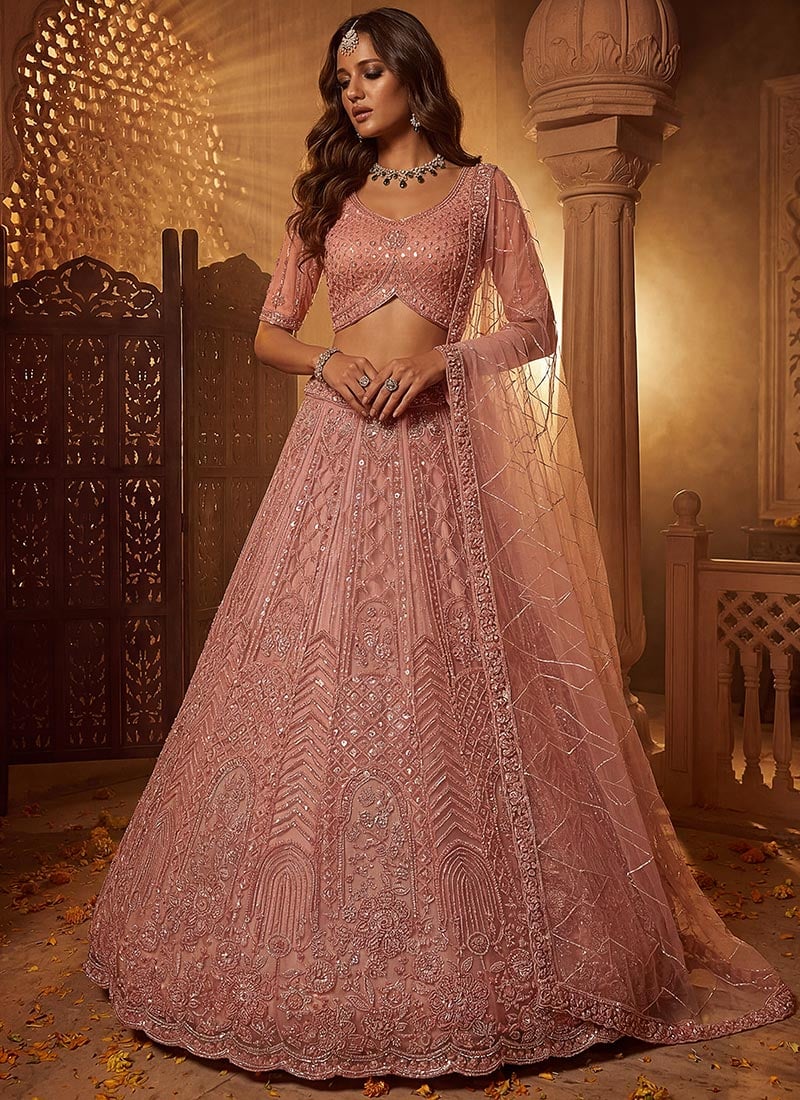 Peach Net Embroidered Sequins With Beads Work Lehenga Wedding Wear