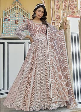 Peach Net Embroidered Stone And Mirror Work A Line Anarkali Suit