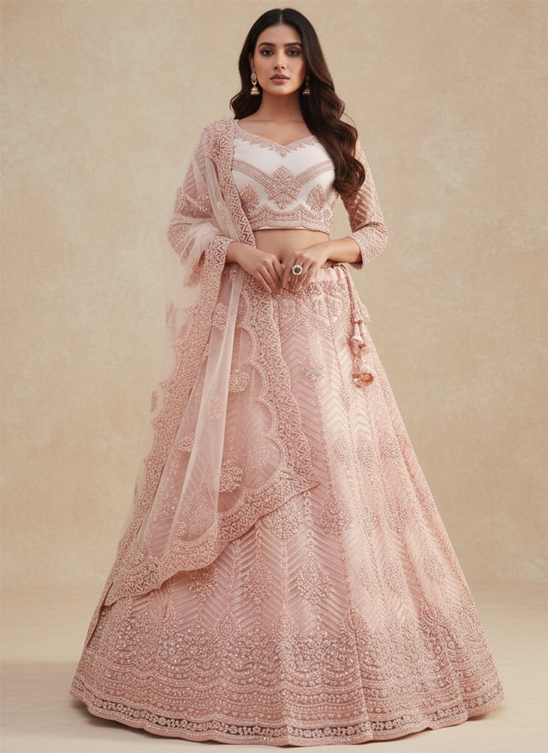 Peach Net Embroidered Stones Umbrella Lehenga Wedding Wear