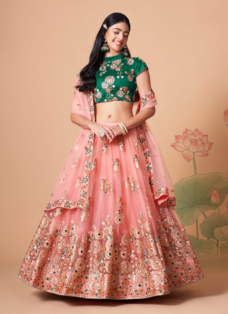 Peach Net Embroidered Umbrella Lehenga Party Wear