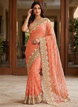 Peach Net Embroidered With Beads Work Saree