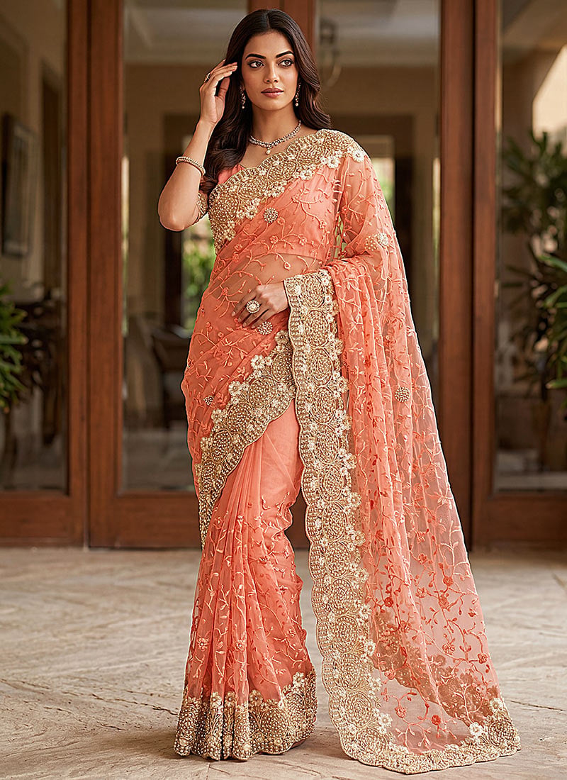 Peach Net Embroidered With Beads Work Saree After Six Wear