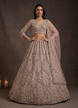 Peach Net Embroidery Sequence Work Lehenga