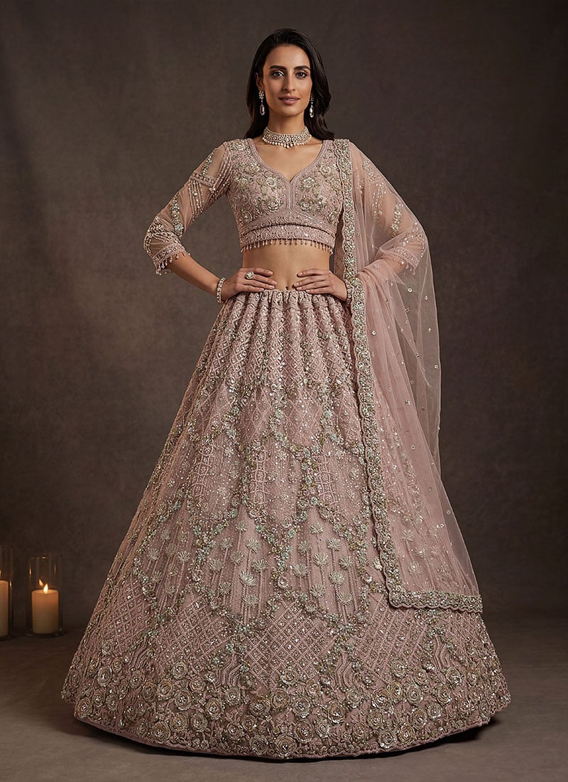 Peach Net Embroidery Sequence Work Lehenga Wedding Wear