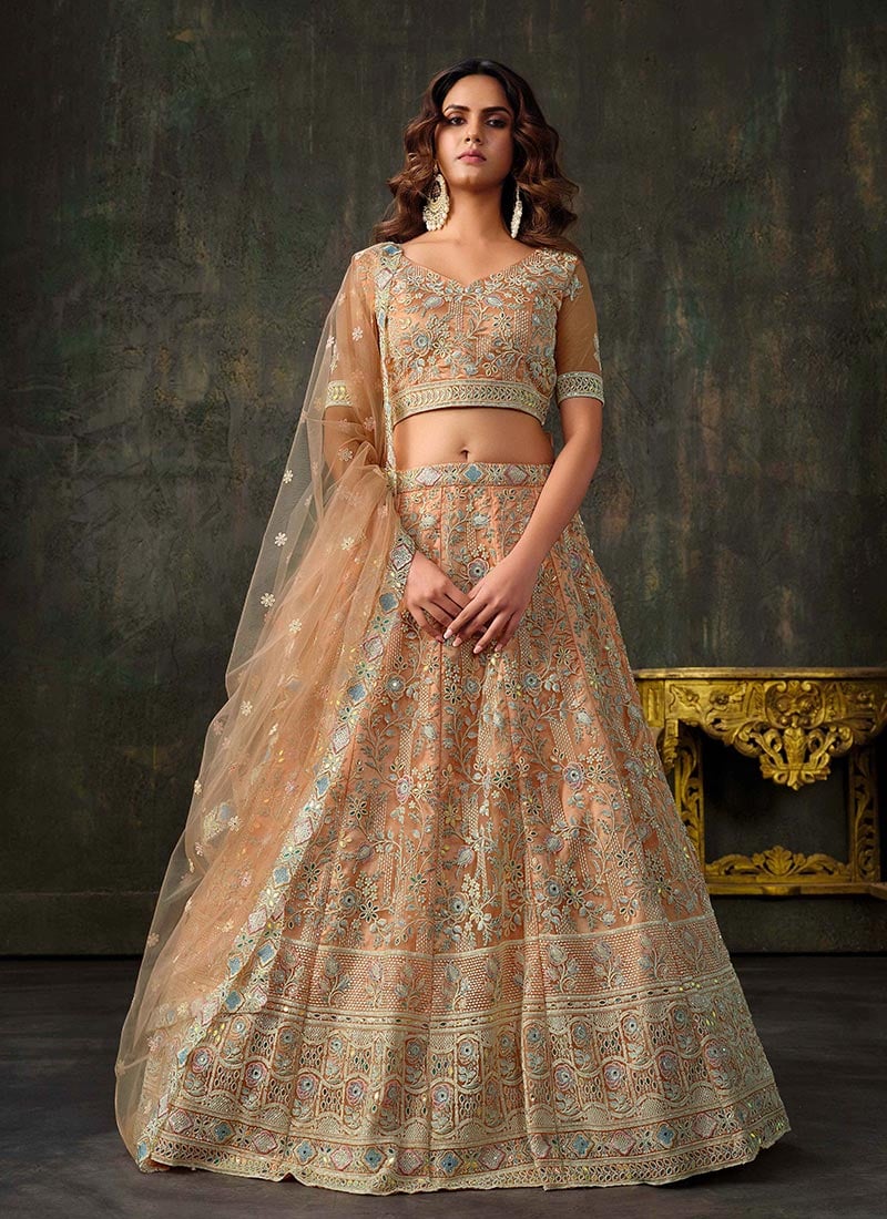 Peach Net Embroidery Stone And Hand Embroidered Umbrella Lehenga Wedding Wear