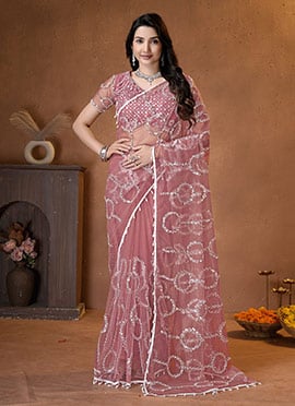Peach Net Sequins Beads Embroidered Saree