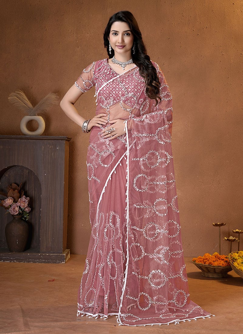 Peach Net Sequins Beads Embroidered Saree After Six Wear