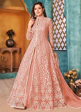 Peach Net Sequins Embroidered Anarkali Suit For Indian Ethnic Wear
