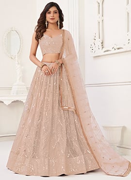 Peach Net Sequins Embroidered Mirror Work Lehenga