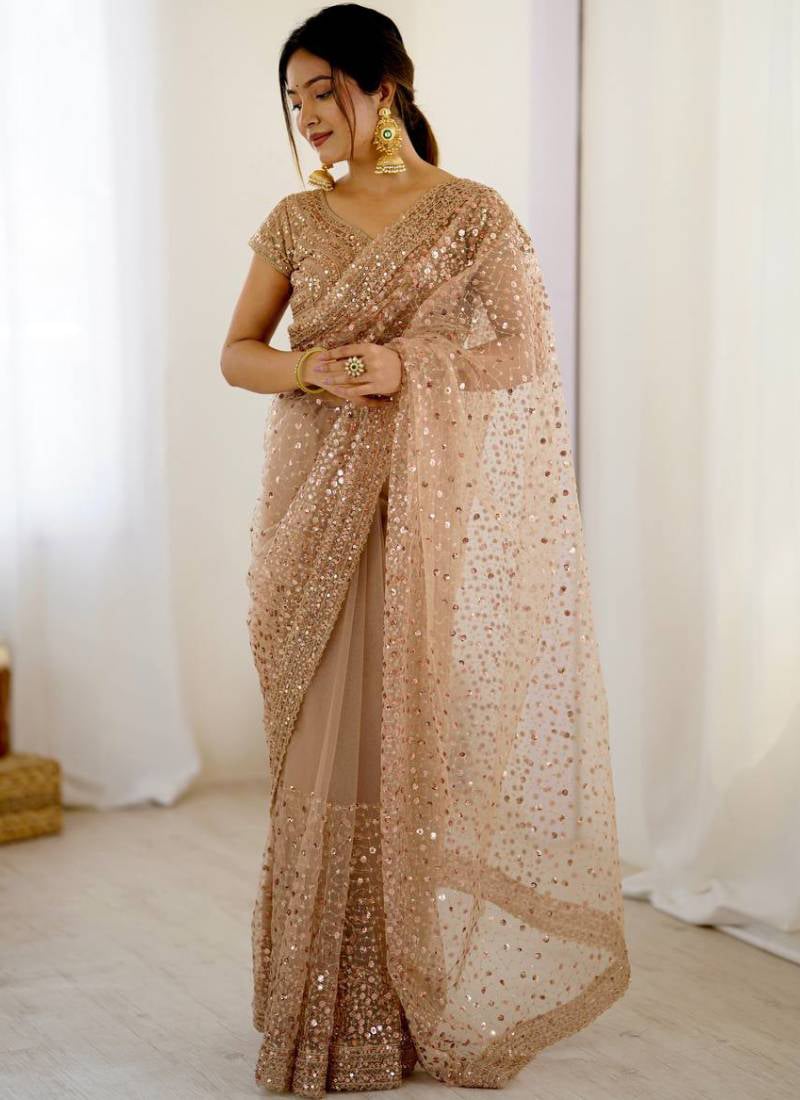 Peach Net Sequins Embroidered Saree Wedding Wear