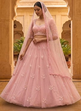 Peach Net Sequins Hand Embroidered Lehenga