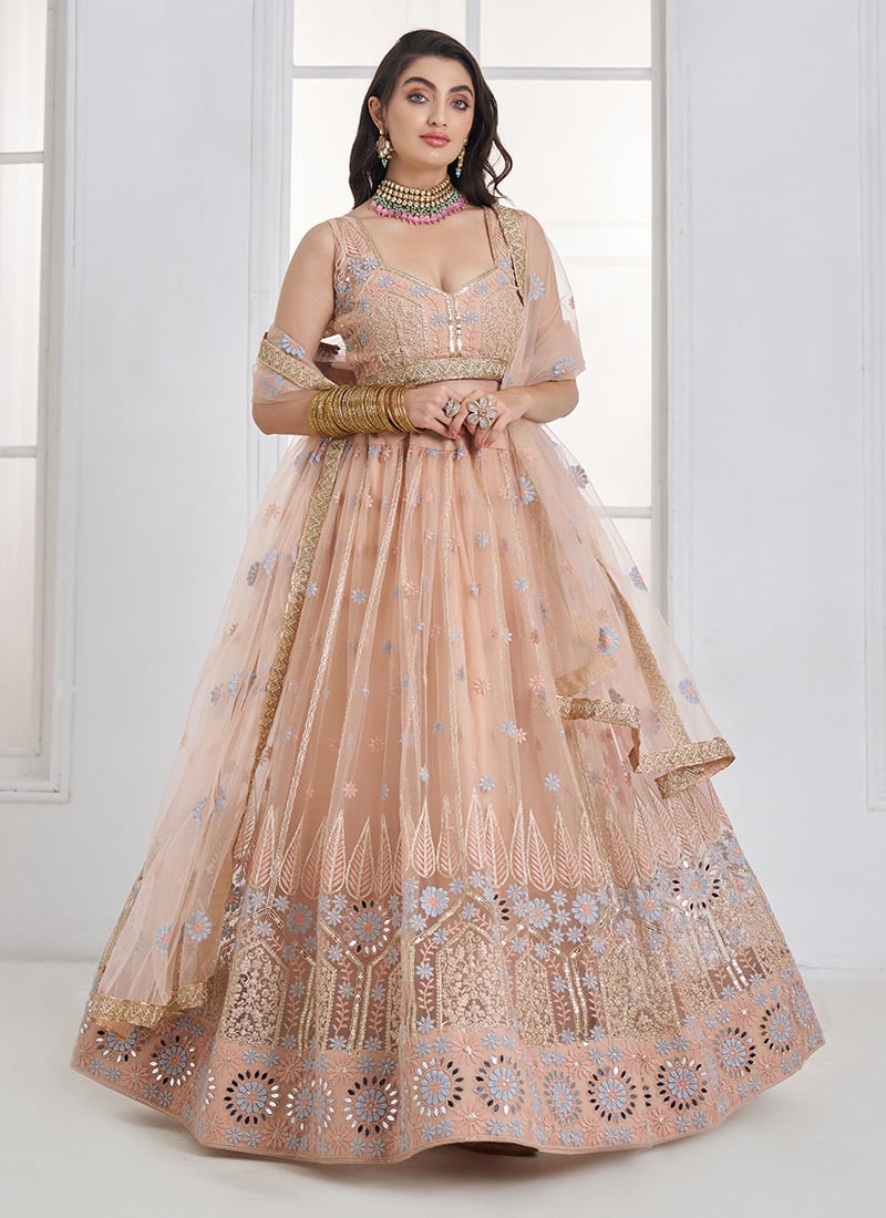Peach Net Sequins Thread Embroidered Lehenga Wedding Wear
