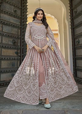 Peach Net Stones Embroidered Anarkali Suit