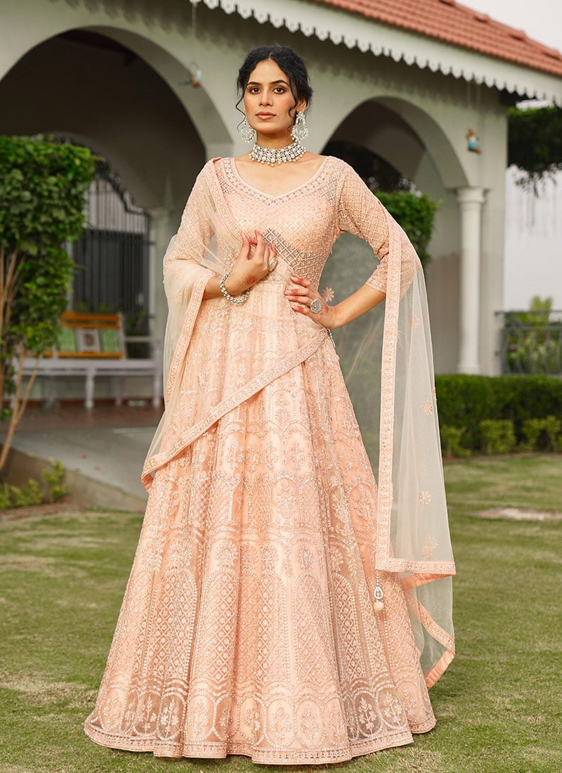 Peach Net Zari Embroidered Stone Work Regal Anarkali Suit Wedding Wear