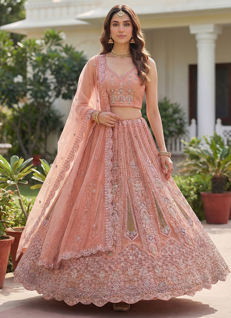 Peach Net Zari Sequins Embroidered Zarkan Stones Dori Thread Umbrella Lehenga Wedding Wear
