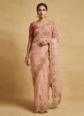 Peach Net Zari Sequins Saree