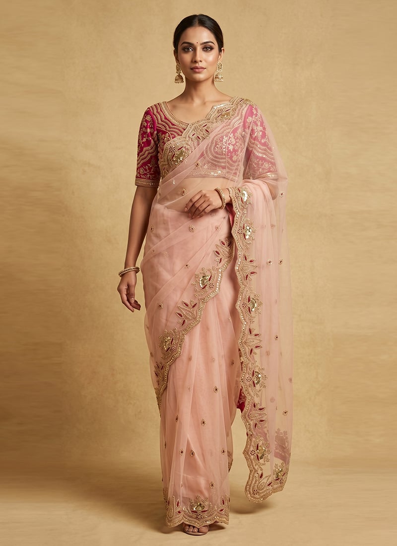 Peach Net Zari Sequins Saree Festive Wear