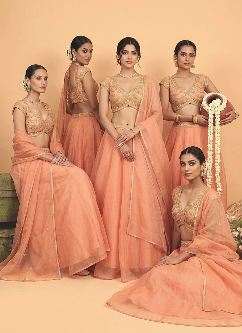 Peach Organza Cutdana Sequins Hand Embroidered Lehenga Wedding Wear
