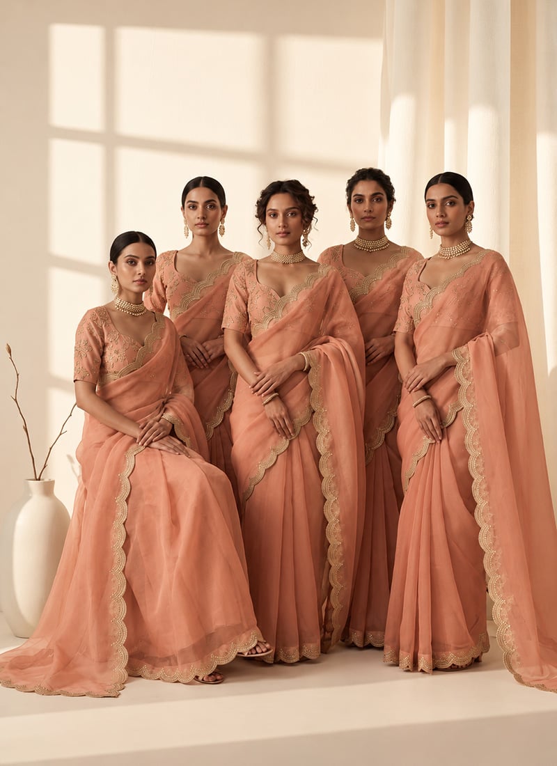 Peach Organza Cutdana Sequins Hand Embroidered Saree After Six Wear