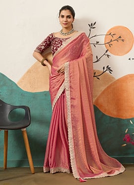 Peach Organza Embroidered Sequin Saree
