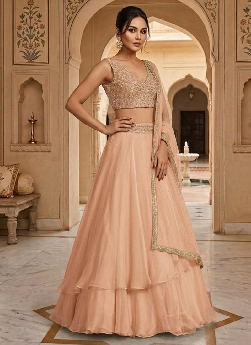 Peach Organza Hand Embroidered Sequins Lehenga Wedding Wear