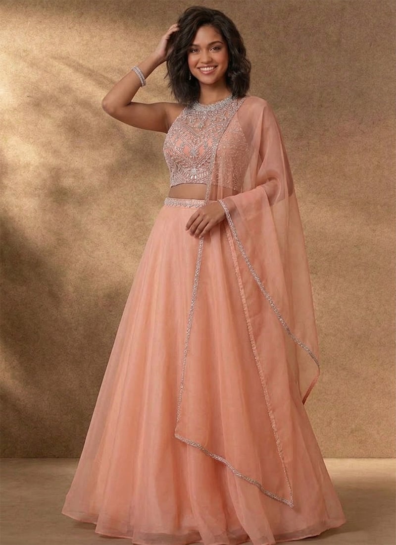 Peach Organza Hand Embroidered Stone Work Lehenga Wedding Wear