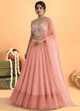 Peach Organza Poth Cutdana Sequins Hand Embroidery Lehenga