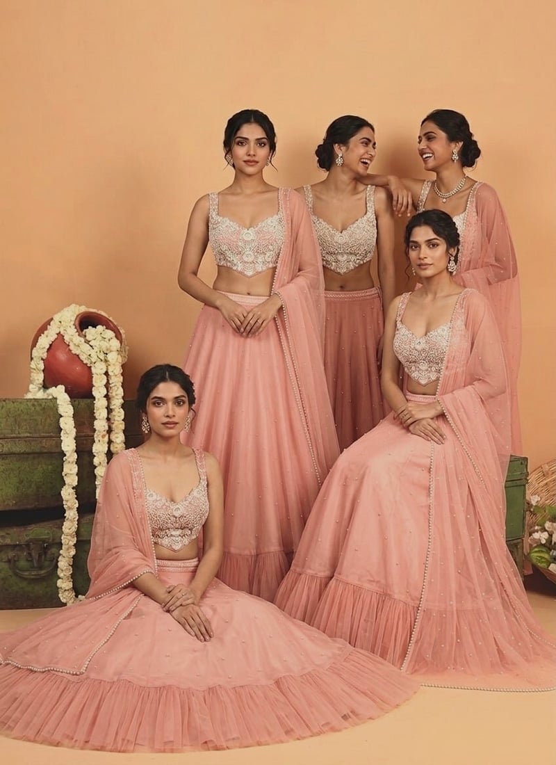 Peach Organza Poth Cutdana Sequins Hand Embroidery Lehenga Wedding Wear