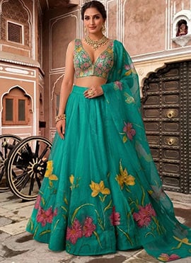 Blue Organza Resham Sequins Embroidered Digital Print Lehenga