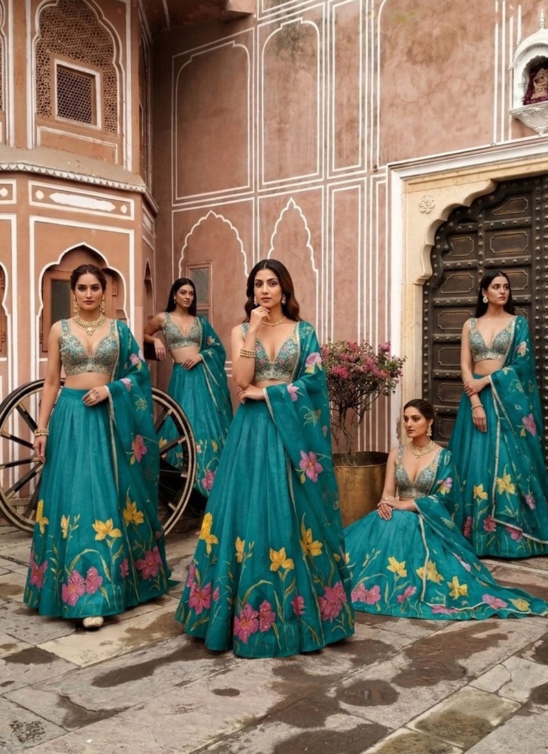 Blue Organza Resham Sequins Embroidered Digital Print Lehenga Wedding Wear
