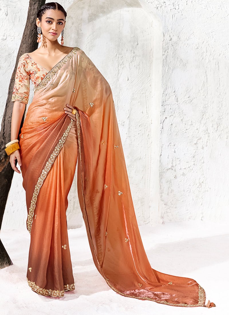 Peach Organza Silk Embroidered Saree with Digital Print Blouse After Six Wear