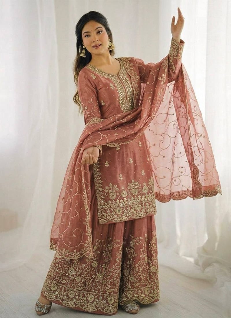 Peach Organza Silk Embroidered Sequins Sharara Suit Festive Wear