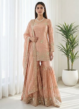 Peach Organza Silk Sequins Sharara Suit