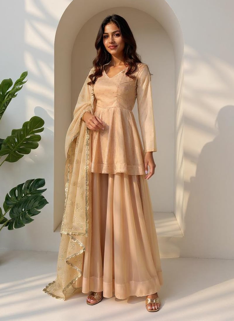 Peach Organza Tikki Work Palazzo Suit