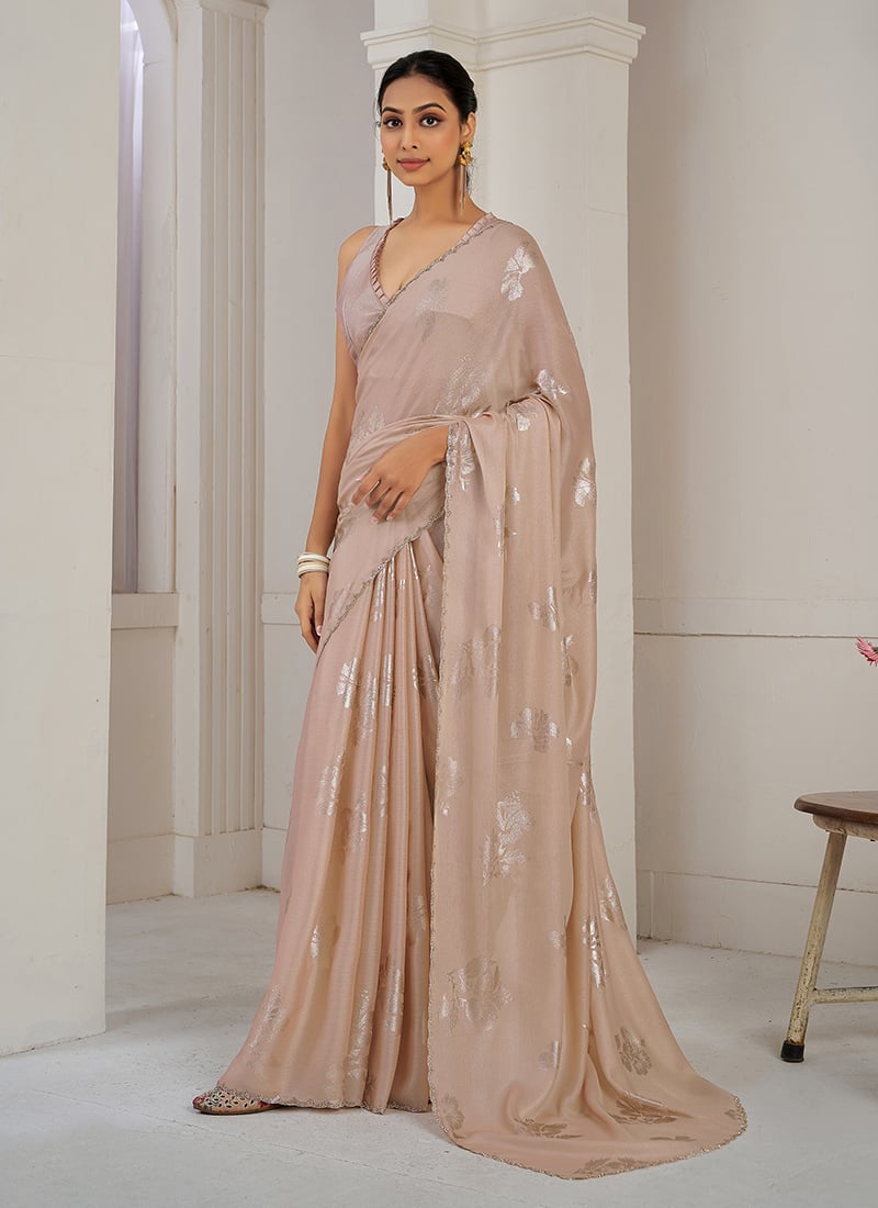Peach Organza Zari And Stone Work Saree Festive Wear